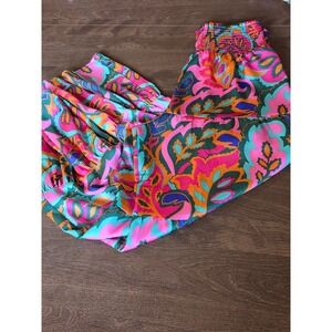 Sugalips Boho Smocked Waist Wide Leg Pants Tropical Floral Print Size L Flare